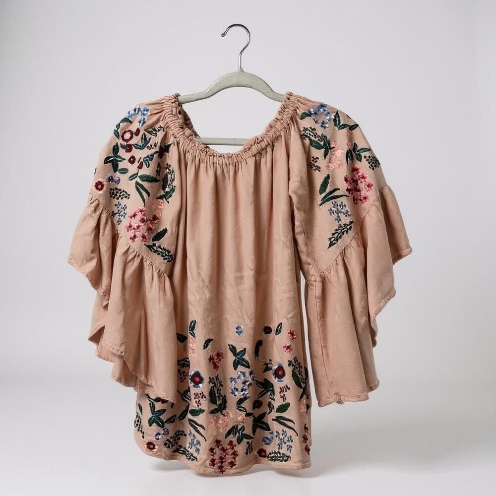 Altard State Dusty Rose Pink Embroidered Bell Sleeve Tunic Blouse With Elastic N